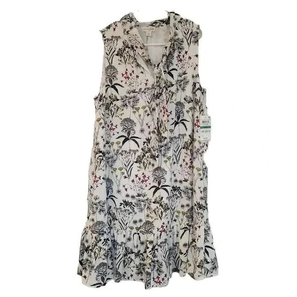 Maison Jules Women's White & Black Floral Poly Georgette Sleeveless Lined Dress - Picture 3 of 14